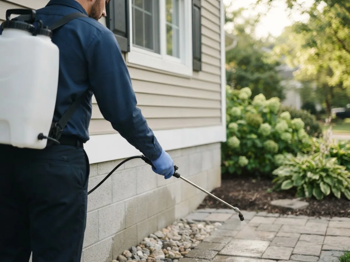 Pest control technician inspecting a home in Bryant, IL